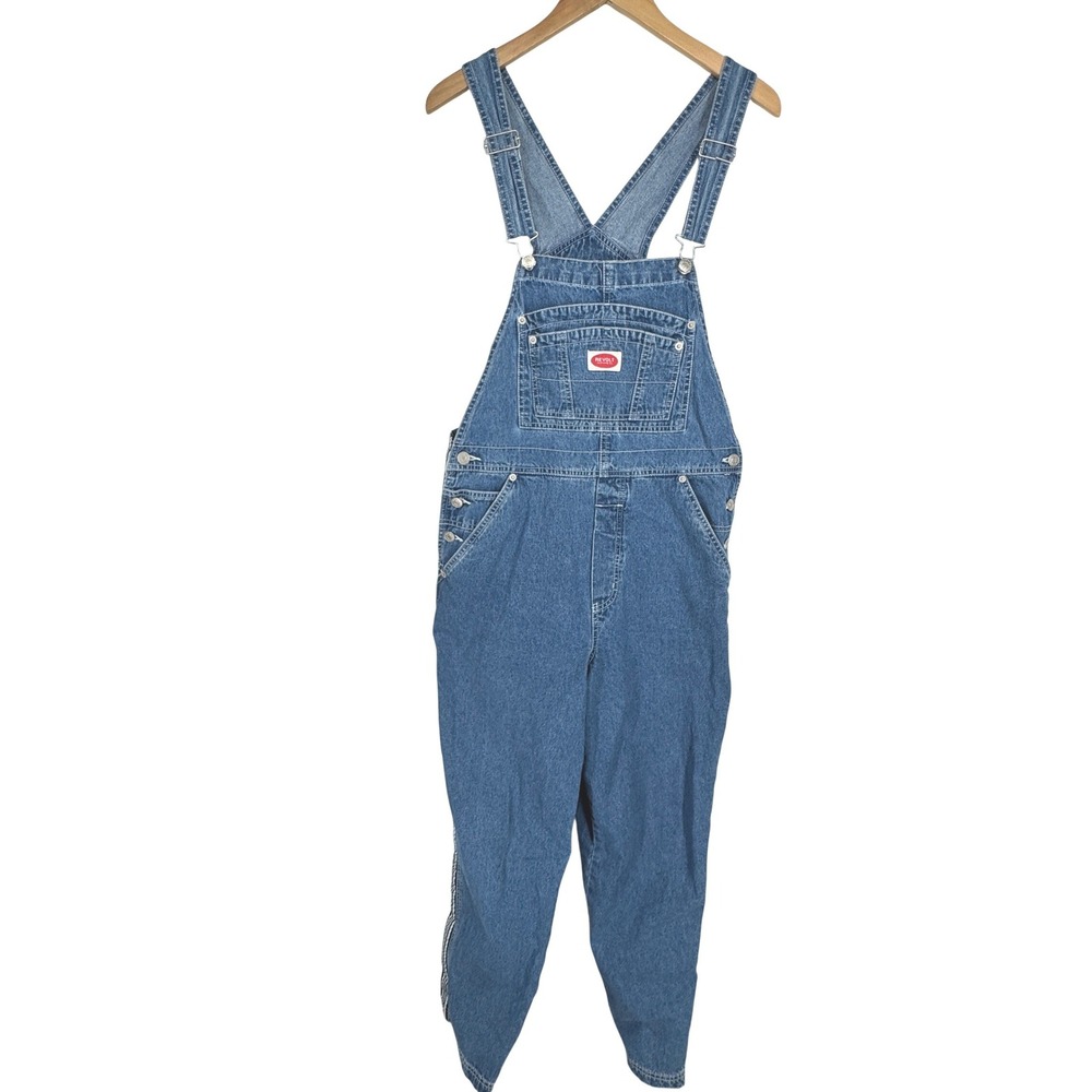 Vintage Revolt Denim Bib Overalls Blue Side Stripe Cotton Dungaree Large 90s Y2K